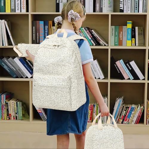 LEDAOU Backpack for Girls School Bag Kids Bookbag Teen Backpack Set Daypack with Lunch Bag and Pencil Case | Kids - color: Beige-flower