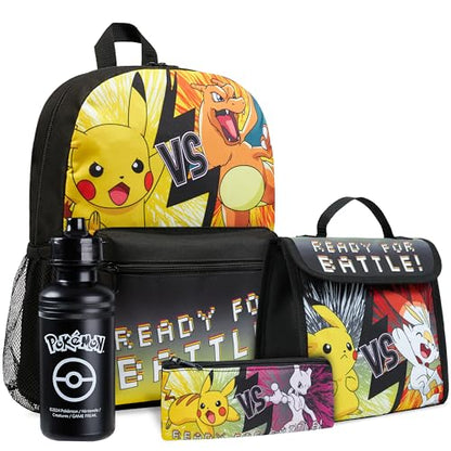 Pokemon Backpack Set 4 Pcs for Kids with Backpack Water Bottle Pencil Case and Insulated Lunch Bag or Wallet Anime School Supplies Gifts for Kids (Black/Yellow 4 Pcs Set) - color: Black/Yellow