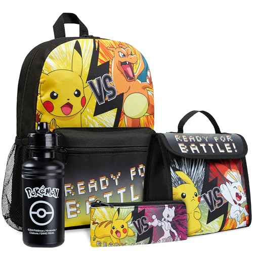 Pokemon Backpack Set 4 Pcs for Kids with Backpack Water Bottle Pencil Case and Insulated Lunch Bag or Wallet Anime School Supplies Gifts for Kids (Black/Yellow 4 Pcs Set) - color: Black/Yellow