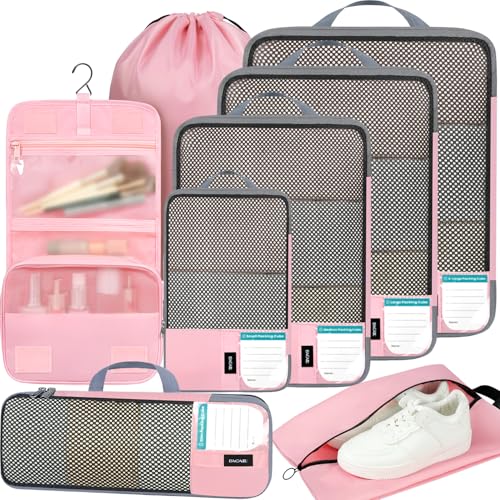BAGAIL 4/6 Set/8 Set Compression Packing Cubes Travel Accessories Expandable Packing Organizers(HalfMesh, 8-Pink) - color: 8-Pink, style: Half Mesh
