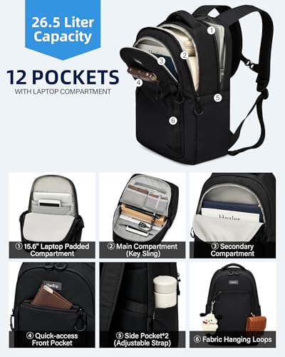 HanTrip Travel Laptop Backpack for Women Men, 18 Inch Large Work Backpack for Commuter College School Book Bags, Water Resistant Backpack with Luggage Strap Water Bottle Pocket Chest Strap, Black - color: Black