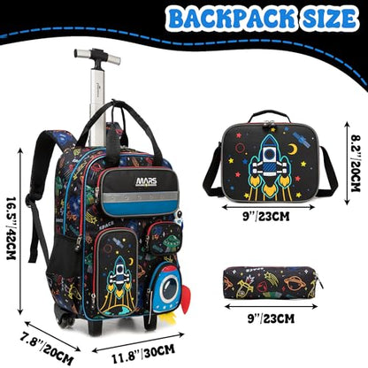 Kids Rolling Backpack with Wheels for Elementary Students 16inch 3 in 1 Boys Travel Luggage Carry on Backpack for Boys Ages 6-8 8-12 - color: B Black