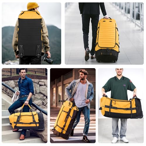 85L 29“ Foldable Rolling Backpack with Wheels, Soft-side Travel Duffle Bag with Separate Shoe Compartment, Full Quilted Bottom, Yellow - color: Yellow