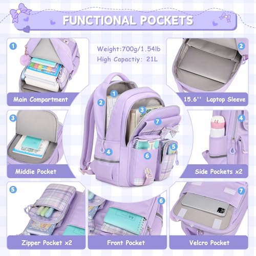 MOONBABY Girls Backpack, Kids Backpack for Girls School Bags with Pen Case, Bow Plaid Book Bag for Elementary Middle Primary High School College, Purple-2pcs - color: Purple