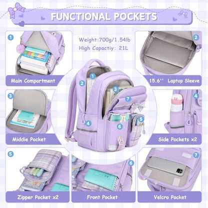 MOONBABY Girls Backpack, Kids Backpack for Girls School Bags with Lunch Bag & Pen Case, Bow Plaid Book Bag for Elementary Middle Primary High School College,Purple-3pcs - color: Purple Set