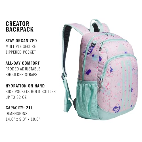 adidas Creator School Backpack for Girls & Boys — Durable Bookbag - color: Splatter Sandy Pink/Semi Flash Aqua Blue