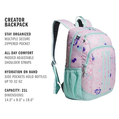adidas Creator School Backpack for Girls & Boys — Durable Bookbag - color: Splatter Sandy Pink/Semi Flash Aqua Blue