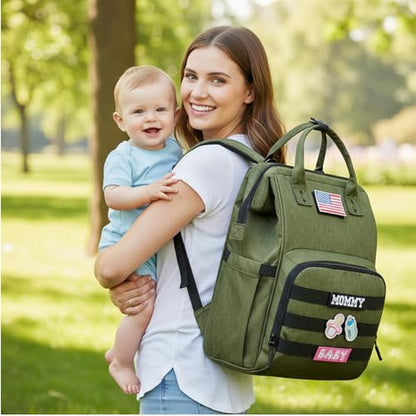Diaper Bag Backpack for Dad and Mom with USB Charging Port Stroller Straps and Insulated Pocket,army military Travel Nappy Backpack for daddy mommy (Green) - color: Green