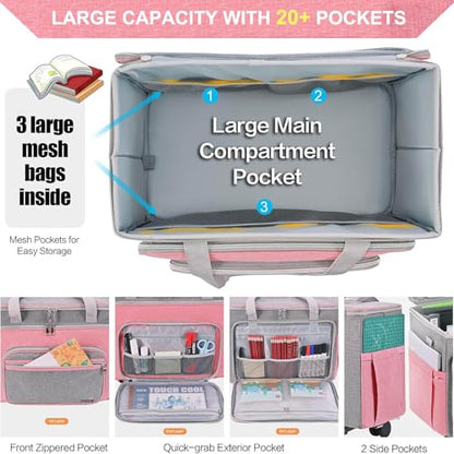 Rolling Teacher Bag With Wheels, Tote Organizer With Detachable Trolley - color: pink, size: 5 Wheels