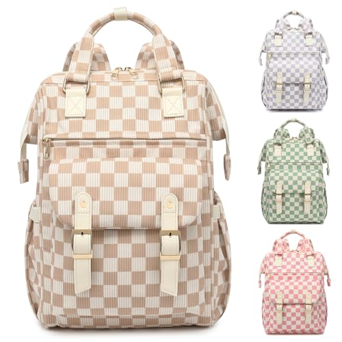 Corduroy Laptop Backpack for Women 15.6 Inch Stylish College School Bookbag, Business Work & Travel Computer Backpacks (Checkered Brown) - color: Corduroy Checkered Brown