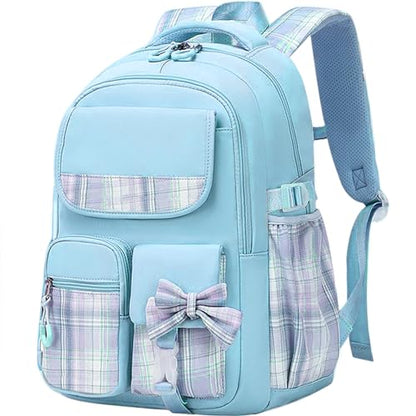 MCWTH Checkered Backpack for Teen Girls, Kawaii Cute Kids Elementary Student School Backpacks (Bow Blue) - color: Checkered Blue