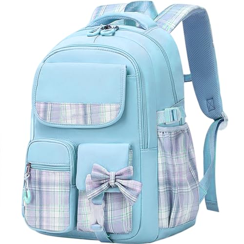 MCWTH Checkered Backpack for Teen Girls, Kawaii Cute Kids Elementary Student School Backpacks (Bow Blue) - color: Checkered Blue