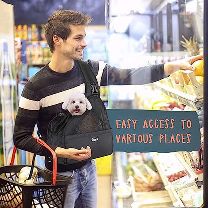 SlowTon Pet Dog Sling Carrier, Hands Free Hard Bottom Papoose Small Animal Puppy Up to 6 lbs Travel Bag Tote Breathable Mesh Support Adjustable Padded Strap Pocket Safety Belt(Widened Black) - color: Black