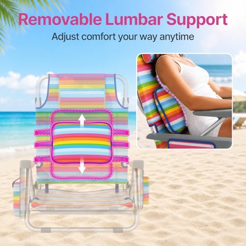 2-Pack Folding Low Beach Chairs with Lumbar Pillow for Adults & Kids - color: Candy Stripes, size: 2 Pack