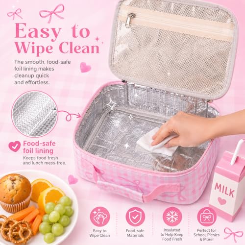 LEDAOU Lunch Box Kids Insulated Lunch Bag Girls Boys Toddler Reusable Lunchbox for School Picnic Hiking (Checkered-Pink Bow) - color: Checkered-Pink Bow