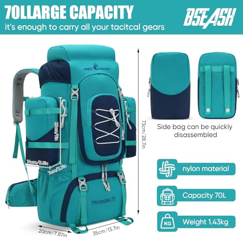 Bseash 70L (65+5) Waterproof Hiking Camping Backpack with Rain Cover, Outdoor Sport Travel Daypack for Climbing Touring (Blue Green) - color: Blue Green