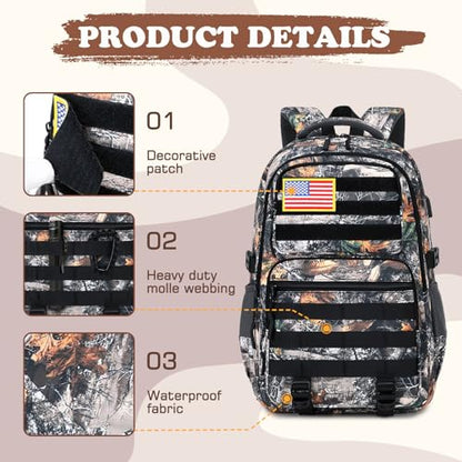 Camo Backpack for Boys, Tactical Boys Backpack with Lunch Box Pencil Case, Kids Backpacks with USB Charging Port, Military Army School Bookbag for Teen Boy Elementary Middle High School Camp - color: Brown Leaves