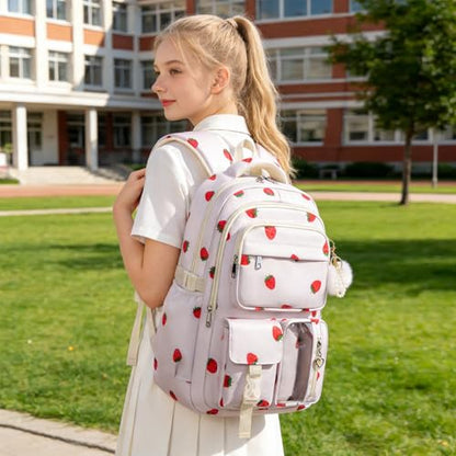 Girls Backpack Set with Lunch Box & Pencil Case, Floral Print Girls School Backpack for Elementary/Middle/High School (Beige-Strawberry) - color: Beige-strawberry