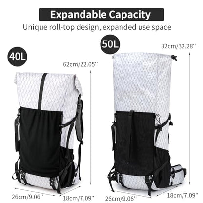Hiking Backpack,40L to 50L Extra Large Capacity Hiking Bag,Internal Frame Camping Backpack,Upgraded X-PAC Lightweight Sport Daypack Travel Backpack Fit For Mountain Climbing Camping(White) - color: White