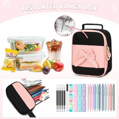 Kids Backpack for Girls, 3PCS School Backpack Set with Insulated Lunch Box & Pencil Case, Waterproof Lightweight Bookbag for Elementary & Middle School, Cute Bow Travel Daypack Black-Pink - color: Black-pink