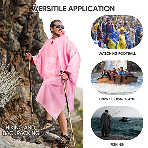 PTEROMY 3-in-1 Hooded Rain Poncho for Adult with Pocket, Waterproof Lightweight Unisex Raincoat for Hiking Camping Emergency - color: Pink