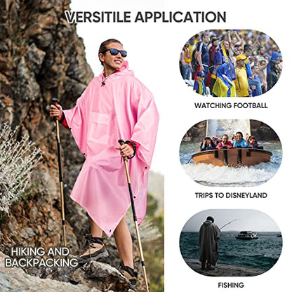 PTEROMY 3-in-1 Hooded Rain Poncho for Adult with Pocket, Waterproof Lightweight Unisex Raincoat for Hiking Camping Emergency - color: Pink