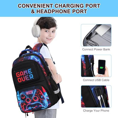 3PCS School Backpack for Boys, Cool Gamer Boys Backpack with Lunch Box and Pencil Case for Kids Kindergarten Teens Elementary Middle School Bag with Convenient Charging Port,Gaming Bookbag Waterproof - color: Futuristic Red & Blue Lightning