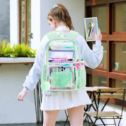 3PCS Clear Bookbag, Women’s Sequins Transparent Backpack Set, Cute Heavy Duty See-Through School Bag for Teens and Elementary Students – Flower Green Love - color: Flower Green Love Clear Backpack Set