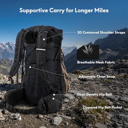 Haimont 40L+15L Roll-Top Backpacking Pack with Rain Cover, Black | Expandable 55L, Hip Belt Support, Sleeping Pad Carry, Pole Attachments, YKK & Duraflex - color: Black