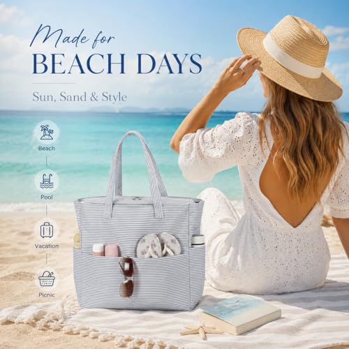 LEDAOU Beach Bag Waterproof Sandproof Women Beach Tote Pool Bag with Zipper for Swim Gym Grocery Travel with Wet Pocket | Sandproof - color: Light Gray White Stripes