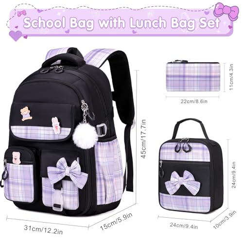 ACESAK Girls Backpack - 3PCS Backpack for Girls Cute School Backpacks for Kindergarten Elementary Preschool Middle Kids School Bags with Lunch Box Pencil Case Set (Black Purple) - color: Black-purple