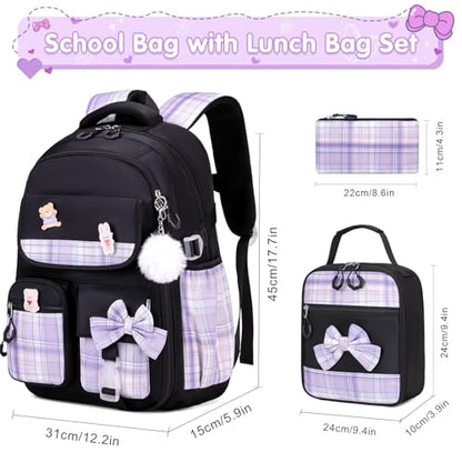 ACESAK Girls Backpack - 3PCS Backpack for Girls Cute School Backpacks for Kindergarten Elementary Preschool Middle Kids School Bags with Lunch Box Pencil Case Set (Black Purple) - color: Black-purple