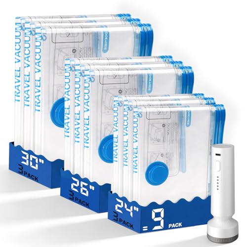 9 Pack Vacuum Storage Bags for Travel with Rechargeable Cordless Pump, Space Saver Bags for Clothes, Compression Packing Bags for Luggage and Suitcase, Blue - size: 9 Combo Size-Blue