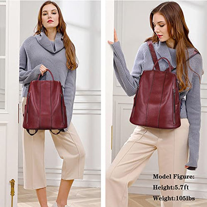 S-ZONE Leather Backpack Purses for Women Antitheft Rucksack Shoulder Bag Medium - color: Wine Red