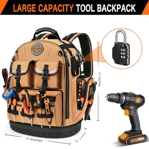 Tool Bag Backpack, Tool Backpack Heavy Duty Organizer/HVAC Tool Bag for Electrician/Construction Work with Molded Base and Combination Lock, Large, Brown