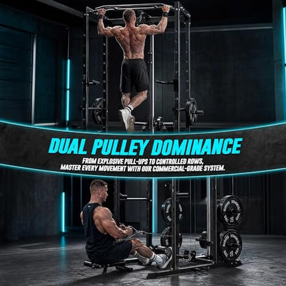 KOPUS Power Rack with Pulley System – Multi-Functional Power Cage Squat Rack, LAT Pull Down, J Hooks & Safety Bars – 1200 lbs Home Gym Equipment – 5 Configurations