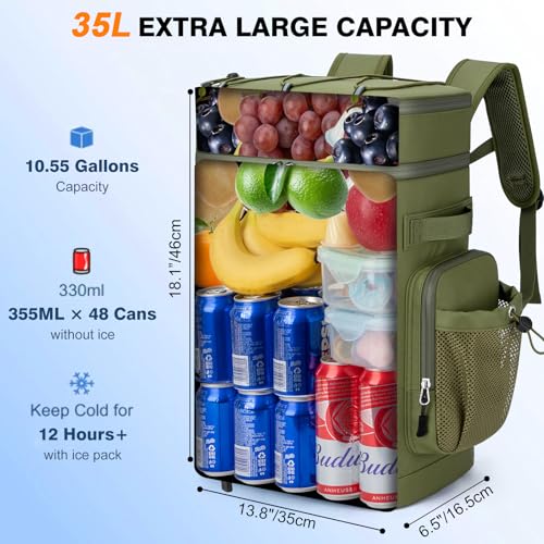 Insulated Cooler Backpack, 35L Leakproof Backpack with Double Compartments for Men & Women, Large Lunch Cooler for Camping, Beach, Travel, Picnic, Up to 48 Cans - color: Army Green