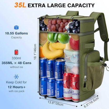 Insulated Cooler Backpack, 35L Leakproof Backpack with Double Compartments for Men & Women, Large Lunch Cooler for Camping, Beach, Travel, Picnic, Up to 48 Cans - color: Army Green