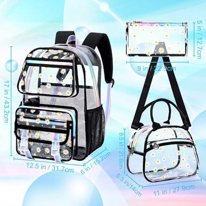 KLFVB See Through Backpack Heavy Duty, 3PCS Girls Clear School Bag Set, Cute Transparent Bookbag for Women - Chrysanthemum Black - color: Chrysanthemum Black Clear Backpack