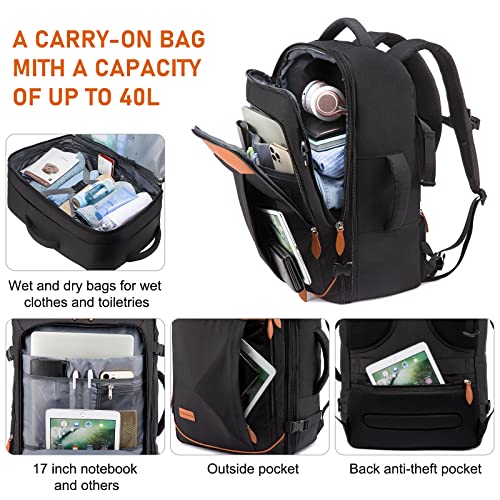 LOVEVOOK Carry on Backpack, 45L Large Travel Backpack for Women Men Airline Approved, Expandable Large Suitcase Backpacks With 4 Packing Cubes, Aer Travel Pack 3, Water Resistant Weekender Bag - color: All Black, size: X-Large