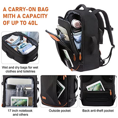 LOVEVOOK Carry on Backpack, 45L Large Travel Backpack for Women Men Airline Approved, Expandable Large Suitcase Backpacks With 4 Packing Cubes, Aer Travel Pack 3, Water Resistant Weekender Bag - color: All Black, size: X-Large