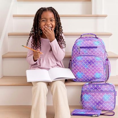 mibasies Girls Backpack with Lunch Box: 3PCS Kids Backpack Set for Kindergarten Elementary - 15 IN Cute Bookbag - Mermaid Tail - color: Mermaid Tail