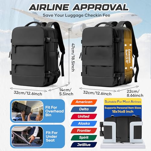 Travel Backpack with Compression Vacuum Storage Bag & Electric Pump, Expandable Flight Approved Carry On Backpack, 18x14x8 inches Personal Item Travel Bag for Men Women, Black - color: Black