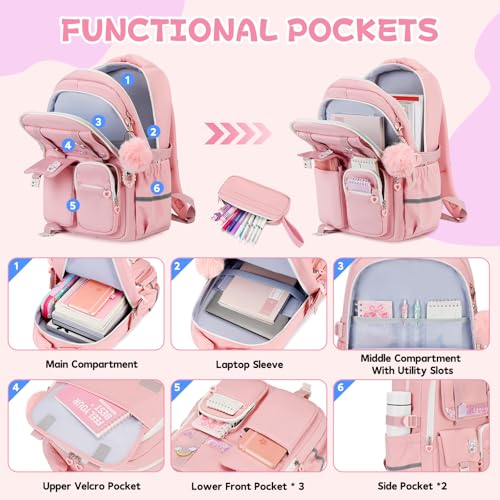 MUSEVOS Girls Backpack, Kids Backpack for Girls, School Bookbag for Teens Age 6-15, Large Capacity Water Resistant Backpack for Elementary to High School, Cute Travel Daypack, Pink 3pcs - color: Pink-3pcs