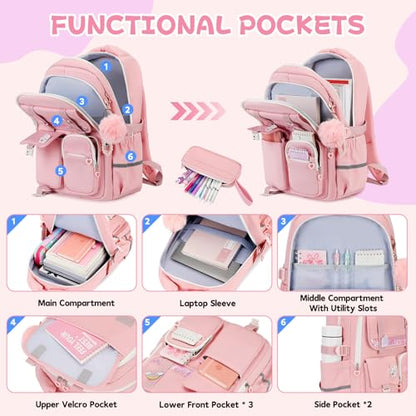 MUSEVOS Girls Backpack, Kids Backpack for Girls, School Bookbag for Teens Age 6-15, Large Capacity Water Resistant Backpack for Elementary to High School, Cute Travel Daypack, Pink 3pcs - color: Pink-3pcs
