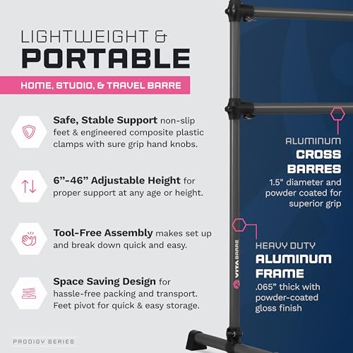 VITA Barre Portable Freestanding Double Ballet Barre, Prodigy, Aluminum | Adjustable Height, USA Made, Home or Gym Exercise Equipment for Kids & Adults | Dance, Fitness, Pilates - color: Dark Mystic Gray, style: 6 Ft