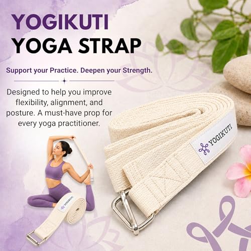 Yogikuti Premium Cotton Yoga Strap | Adjustable Yoga Belt for Stretching, Flexibility, Balance & Alignment | Yoga Accessories for Beginners, Pilates, Meditation, Exercise, Fitness & Physical Therapy - size: 9ft(3mtr)