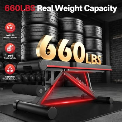 PASYOU Adjustable Weight Bench, 660LB Capacity Foldable Workout Bench, Incline Flat Bench Press for Home Gym, Dual-Frame Strength Training Bench, No Assembly Required, Wider Seat - color: Red