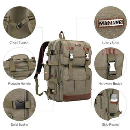 WITZMAN Canvas Travel Backpack for Men Large Laptop Backpack Fit 16 inch Carry-on Airline Approved Convertible Shoulder Rucksack(A6617-3 Army Green) - color: Army Green