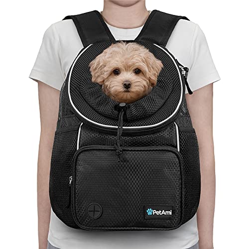 PetAmi Dog Front Carrier Backpack, Adjustable Dog Pet Cat Chest Carrier Backpack, Ventilated Dog Carrier for Hiking Camping Travel, Small Medium Dog Puppy Large Cat Carrying Bag, Max 15 lbs, Black - color: Black, size: Large (15.5x9x18)